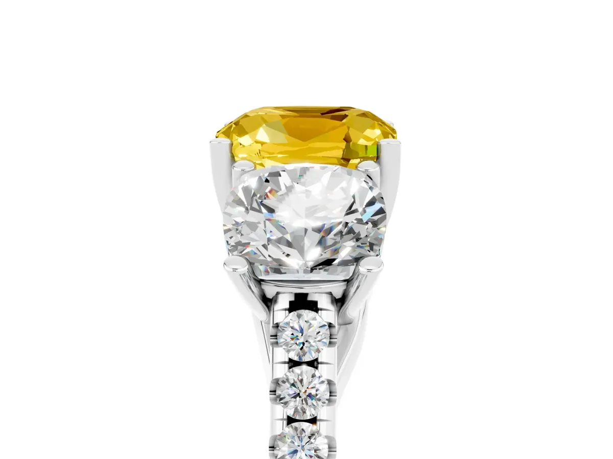 Three-Stone Cushion Cut Yellow Sapphire Ring with Round Pavé Band and Prong Setting Platinum