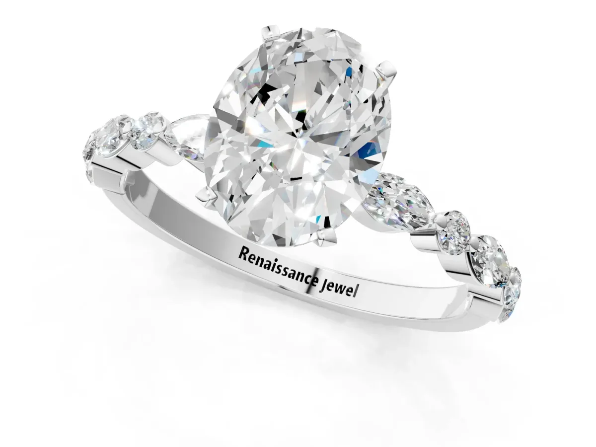 Oval Cut Diamond Ring with Marquise and Round Moissanite Side Stones and Four-Prong Setting Silver