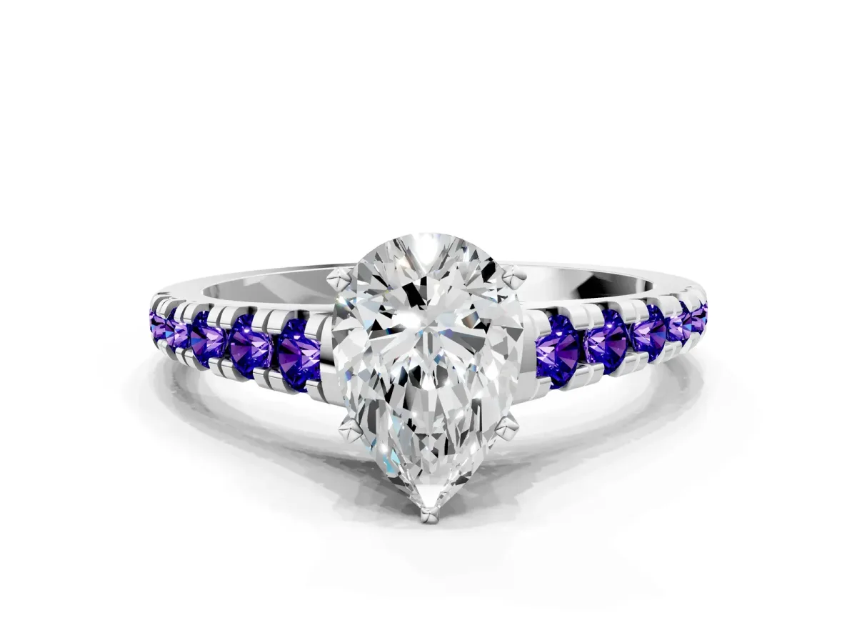 Pear Cut Diamond Cathedral Solitaire Ring with Round Tanzanite Pavé Band Platinum