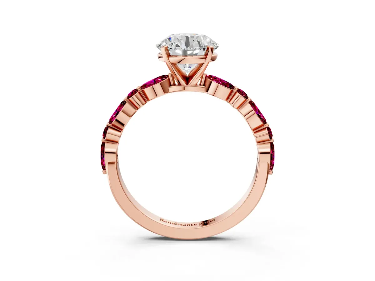 Round Cut Diamond Ring with Marquise and Round Garnet Side Stones and Four-Prong Setting Rose gold