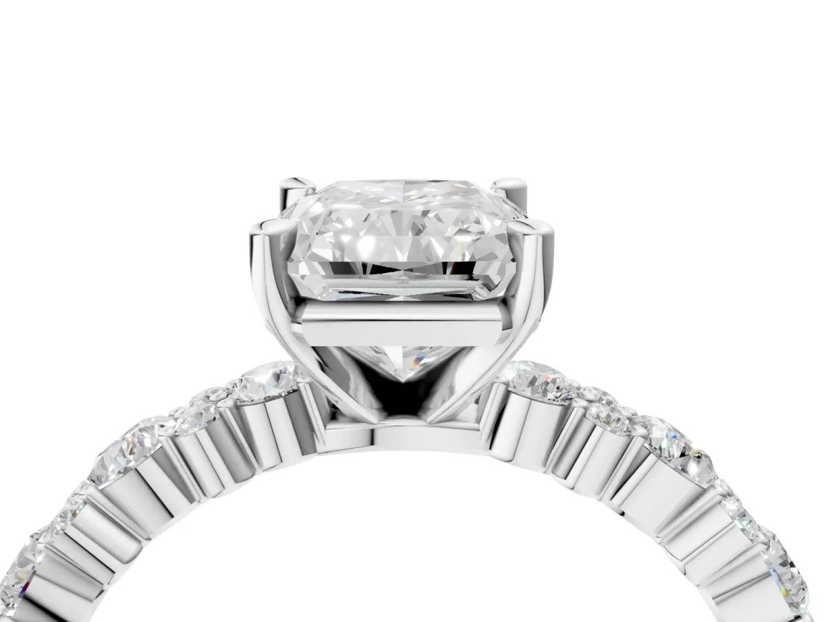 Radiant Cut Diamond Side Stone Solitaire Ring with Round Moissanite and Four-Prong Setting Platinum