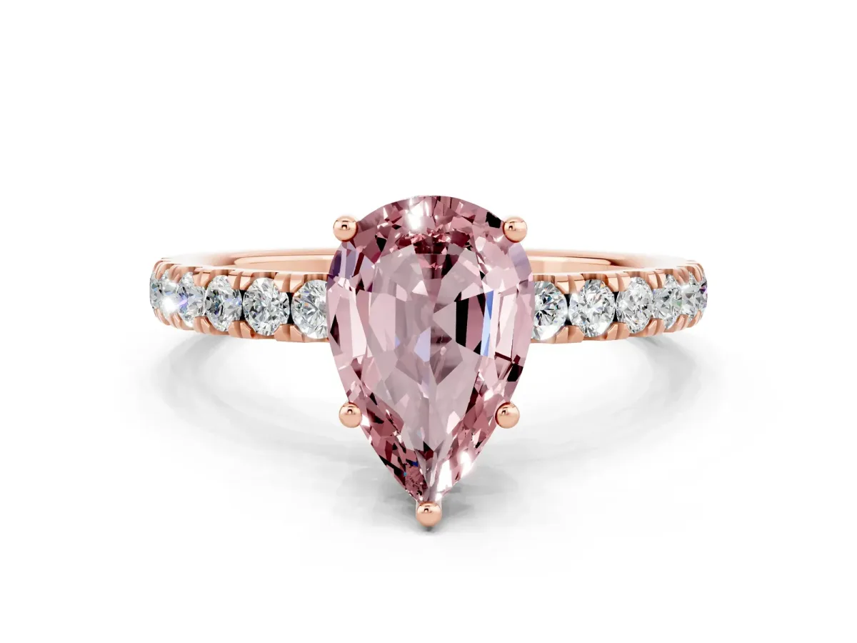 Pear Cut Morganite Pave Band Solitaire Ring with Round and Prong Setting Rose gold