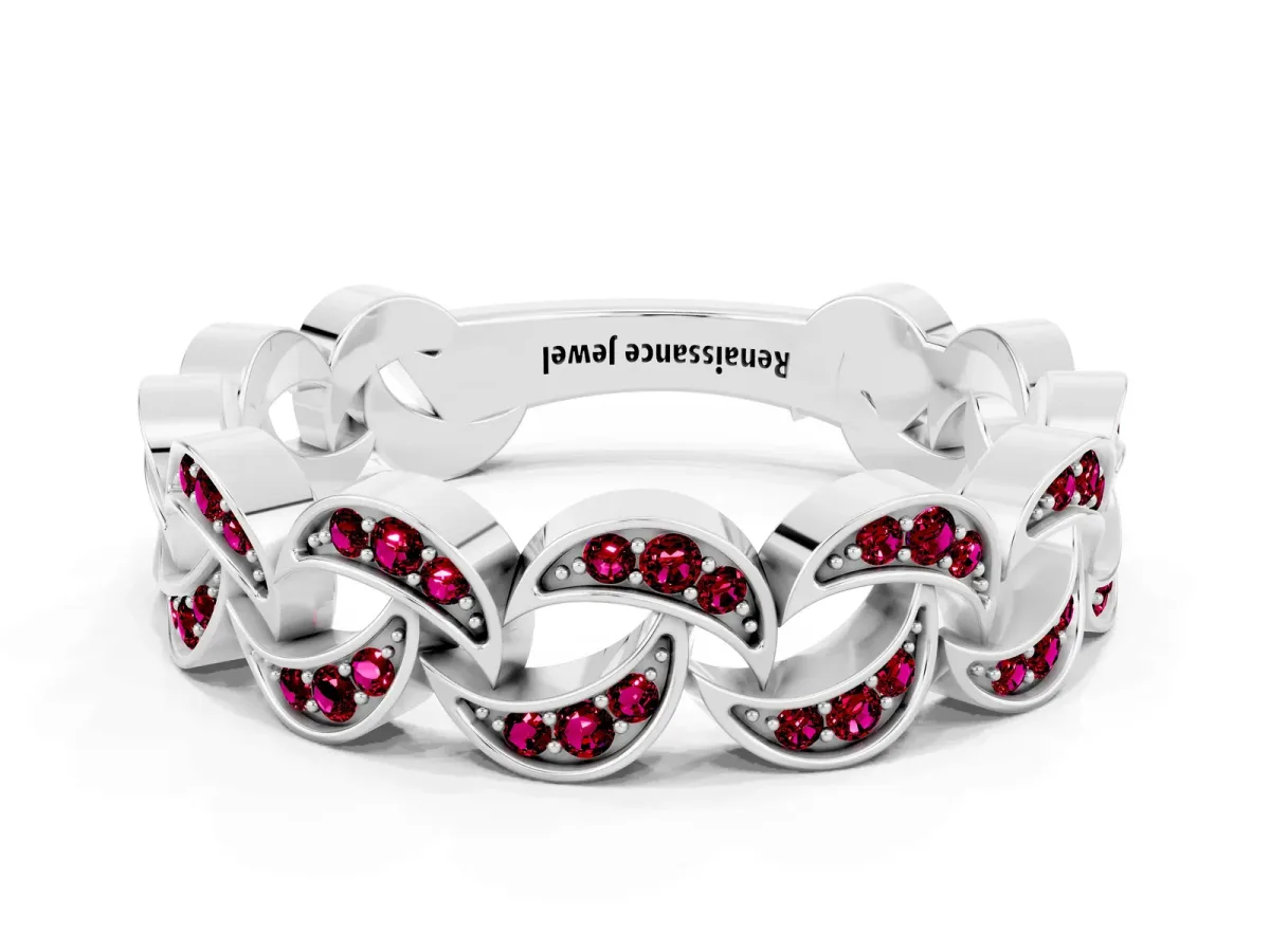 Pavé Round Garnet Interlocking Eternity Band with Bezel Prong Setting Platinum