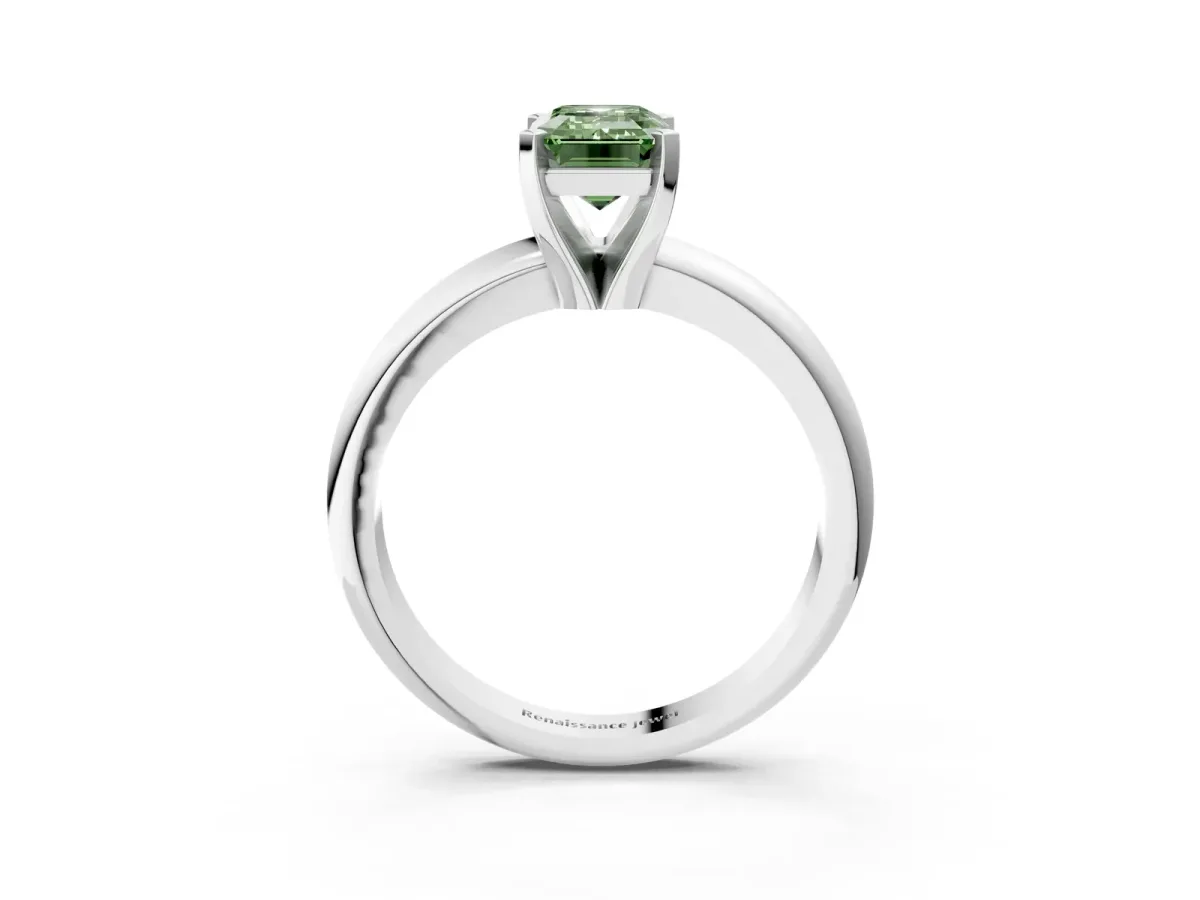 Fancy Green Emerald Cut Diamond Solitaire Engagement Ring with Round Band and Four-Prong Setting White gold