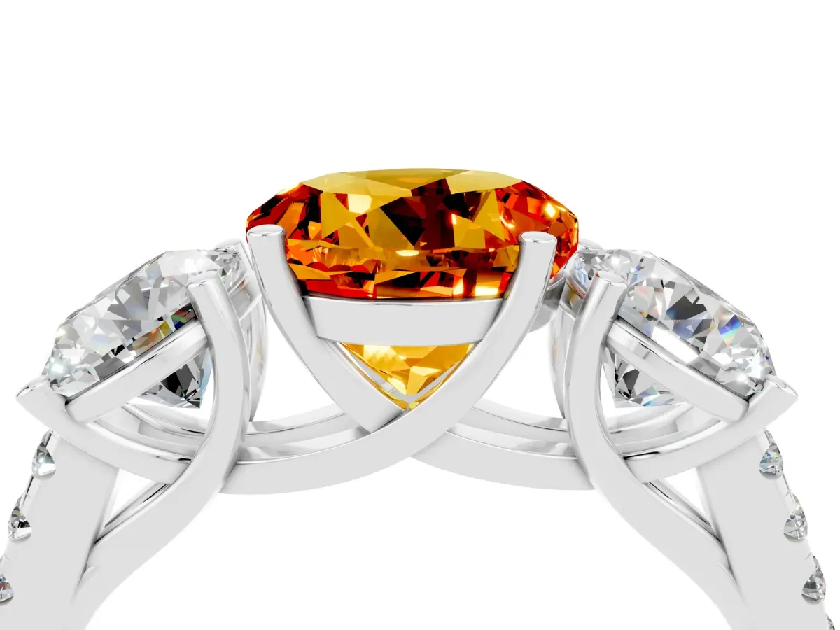 Three-Stone Round Cut Citrine Ring with Round Pavé Band and Prong Setting Silver