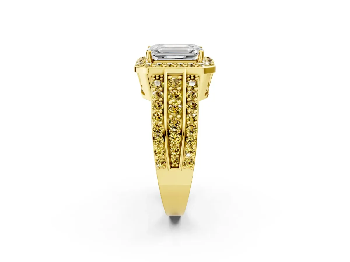 Emerald Cut Halo Diamond Ring with Round Yellow Sapphire Split Shank and Prong Setting Yellow gold