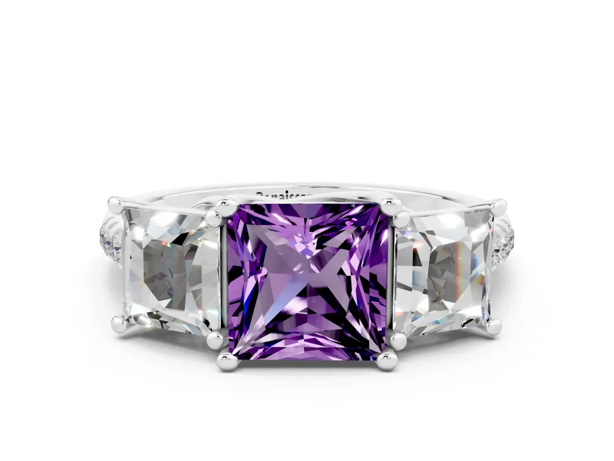 Three-Stone Princess Cut Amethyst Ring with Round Pavé Band and Prong Setting Platinum