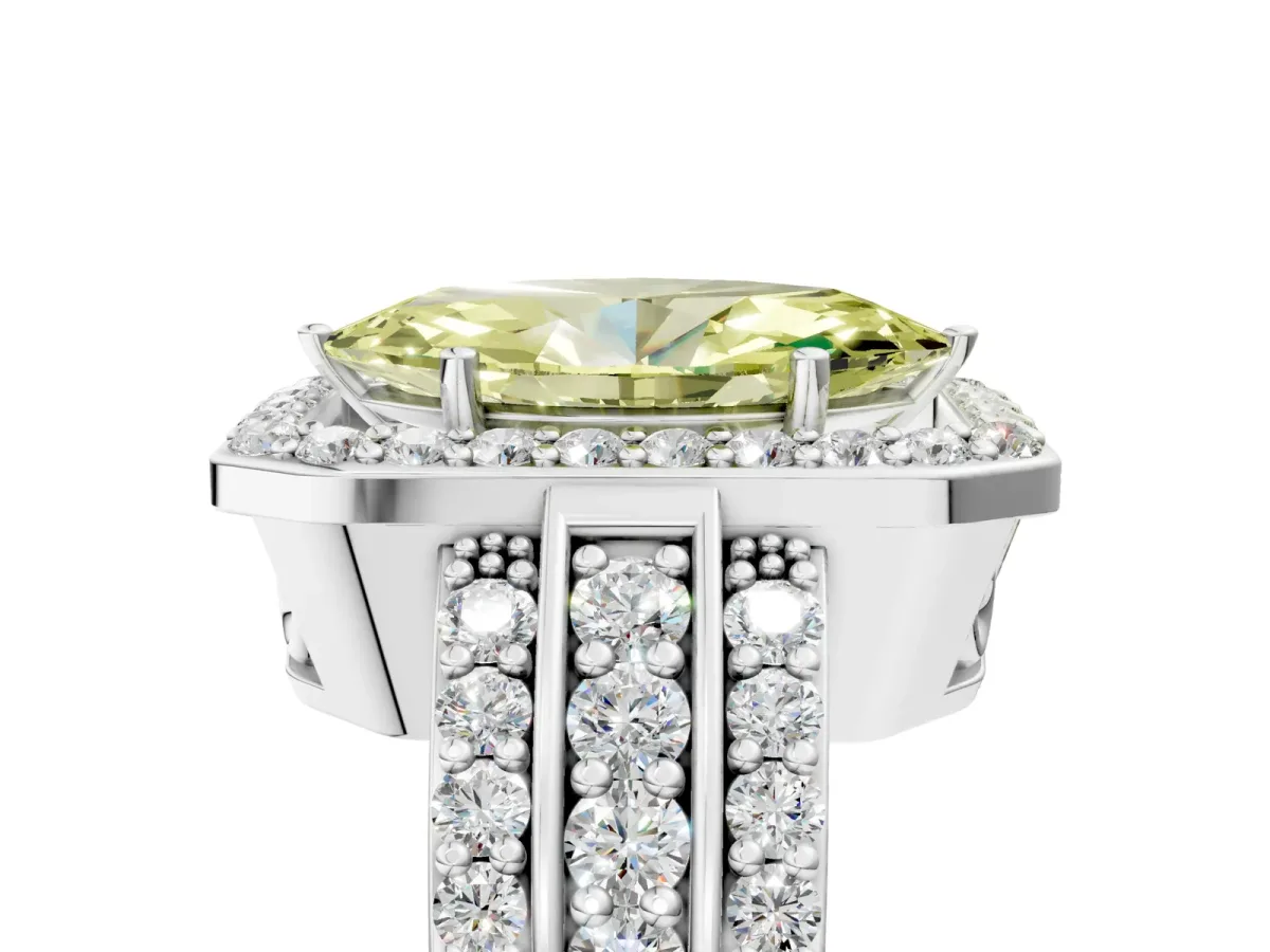 Fancy Yellow Marquise Cut Halo Diamond Ring with Round Split Shank and Prong Setting White gold