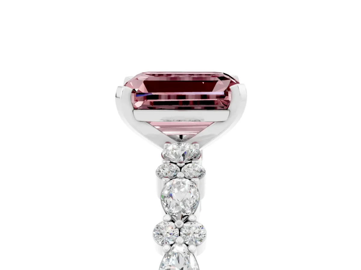 Emerald Cut Morganite Side Stone Solitaire Ring with Round and Four-Prong Setting White gold