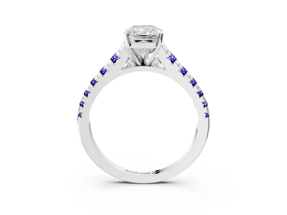 Radiant Cut Diamond Cathedral Solitaire Ring with Round Tanzanite Pavé Band Silver