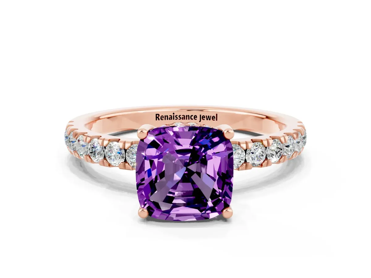 Cushion Cut Amethyst Pave Band Solitaire Ring with Round and Prong Setting Rose gold