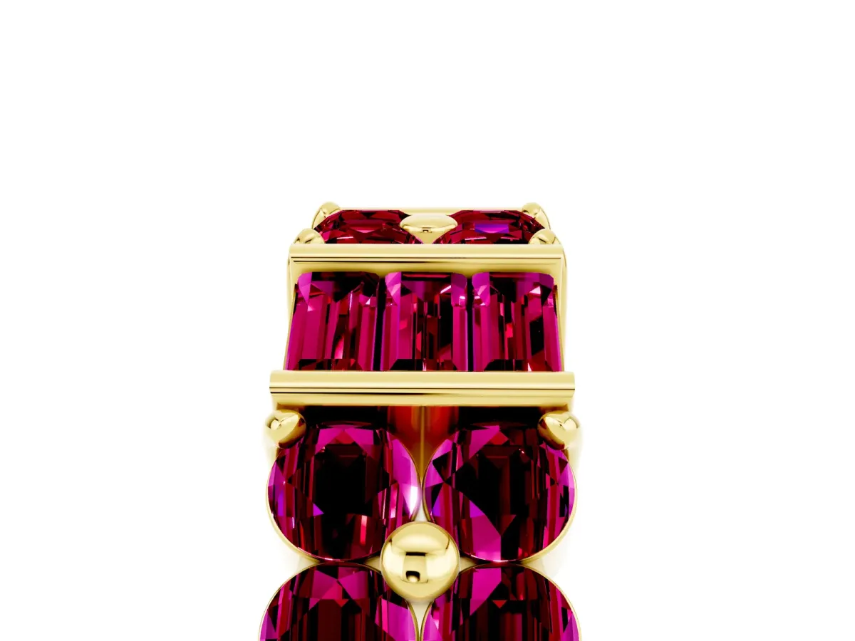 Channel Set Round and Baguette Garnet Anniversary Band with Prong Setting Yellow gold