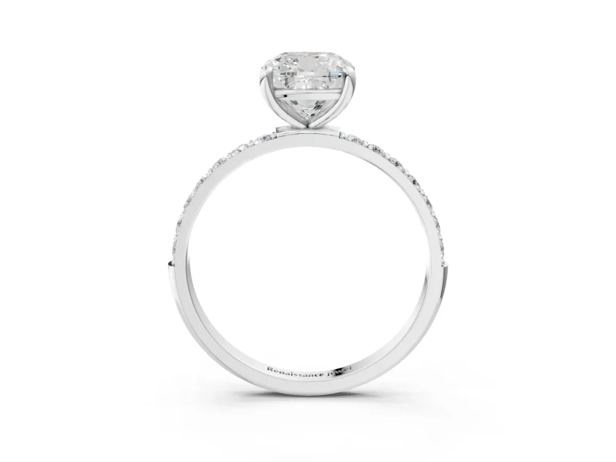 Cushion Cut Diamond Solitaire Ring with Round Moissanite Pavé Band and Prong Setting Silver