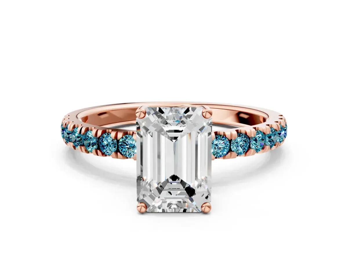 Emerald Cut Diamond Pave Band Solitaire Ring with Round Blue Topaz and Prong Setting Rose gold
