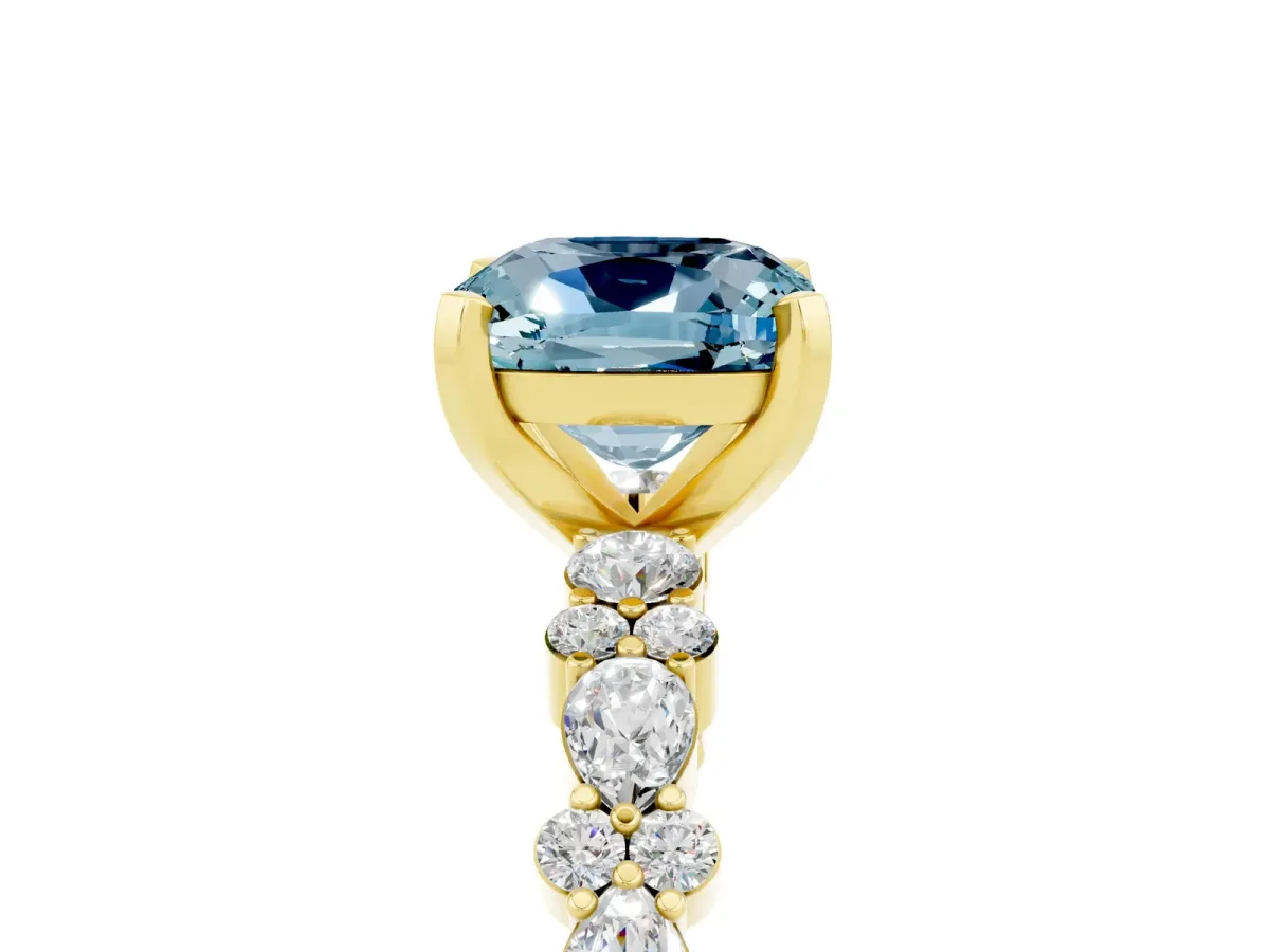 Cushion Cut Aquamarine Side Stone Solitaire Ring with Round and Four-Prong Setting Yellow gold