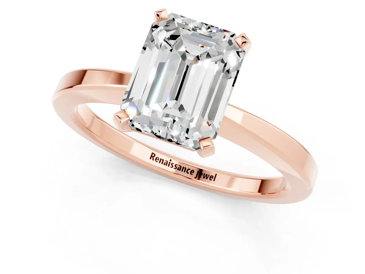Emerald Cut Moissanite Solitaire Engagement Ring with Classic Band and Four-Prong Setting Rose gold