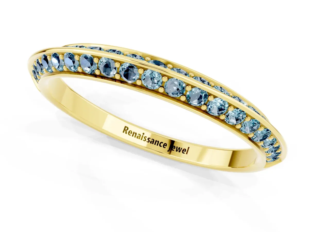 Double Row Pavé Round Aquamarine Eternity Band with Channel Setting Yellow gold