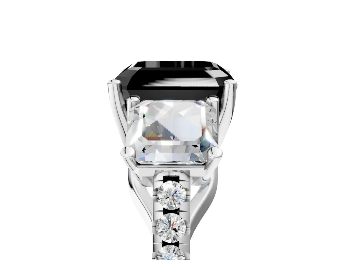 Fancy Black Three-Stone Asscher Cut Diamond Ring with Round Pavé Band and Prong Setting White gold