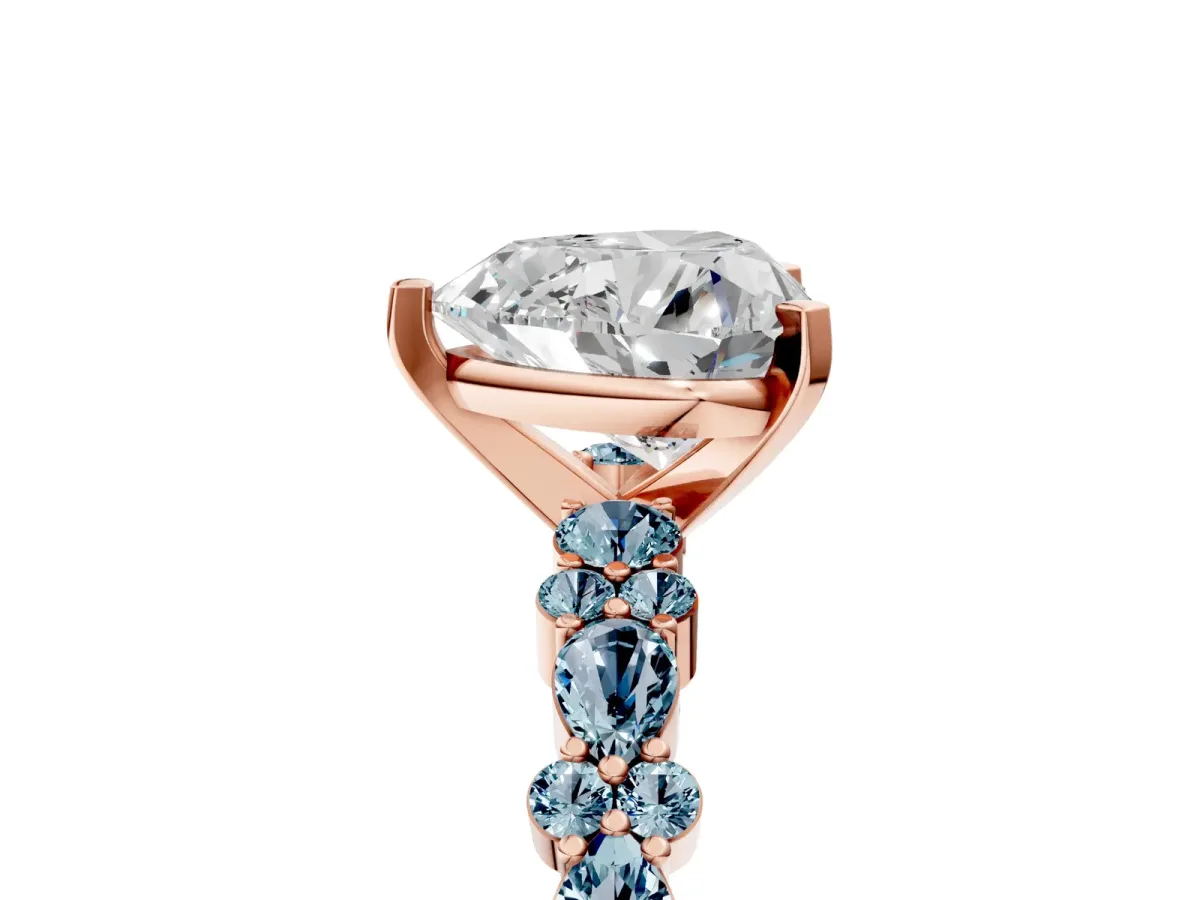 Heart Cut Diamond Side Stone Solitaire Ring with Round Aquamarine and Four-Prong Setting Rose gold