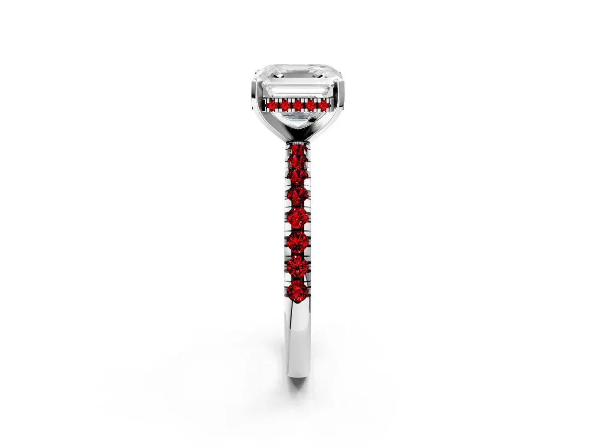 Asscher Cut Diamond Solitaire Ring with Round Ruby Pavé Band and Four-Prong Setting Silver