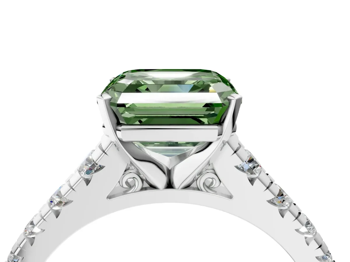 Fancy Green Asscher Cut Diamond Cathedral Solitaire Ring with Round Pavé Band Platinum