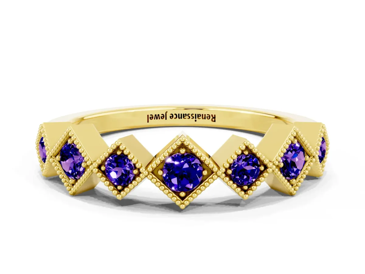 Milgrain Square Bezel Round Tanzanite Chevron Band Yellow gold