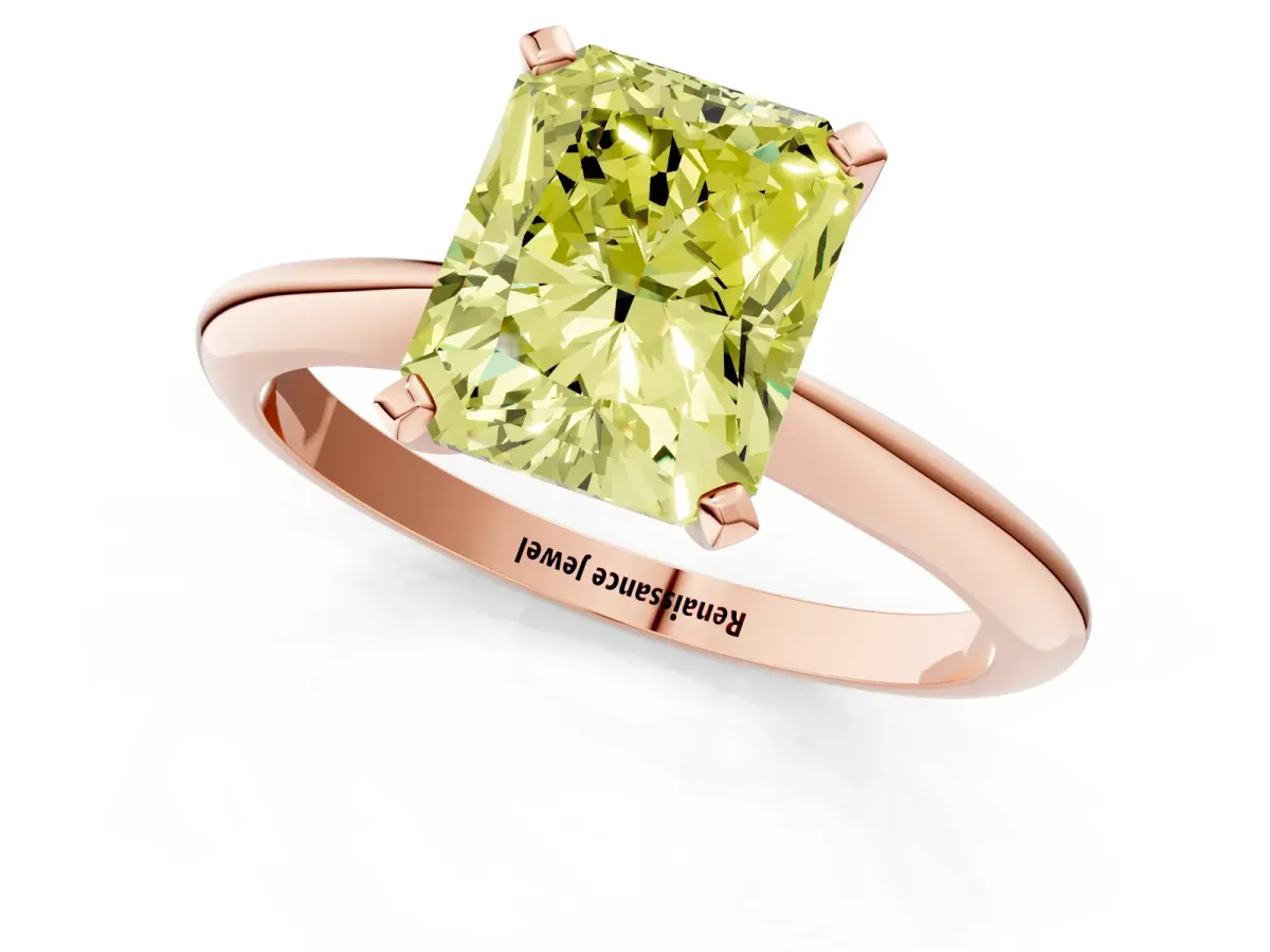 Fancy Yellow Radiant Cut Diamond Solitaire Engagement Ring with Classic Band and Four-Prong Setting Rose gold