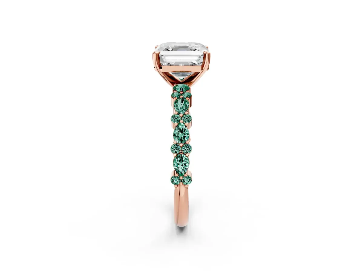 Asscher Cut Diamond Side Stone Solitaire Ring with Round Green Sapphire and Four-Prong Setting Rose gold