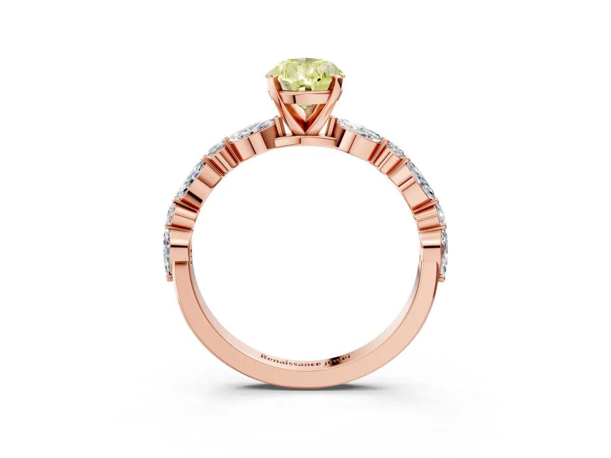 Fancy Yellow Pear Cut Diamond Ring with Marquise and Round Side Stones and Four-Prong Setting Rose gold