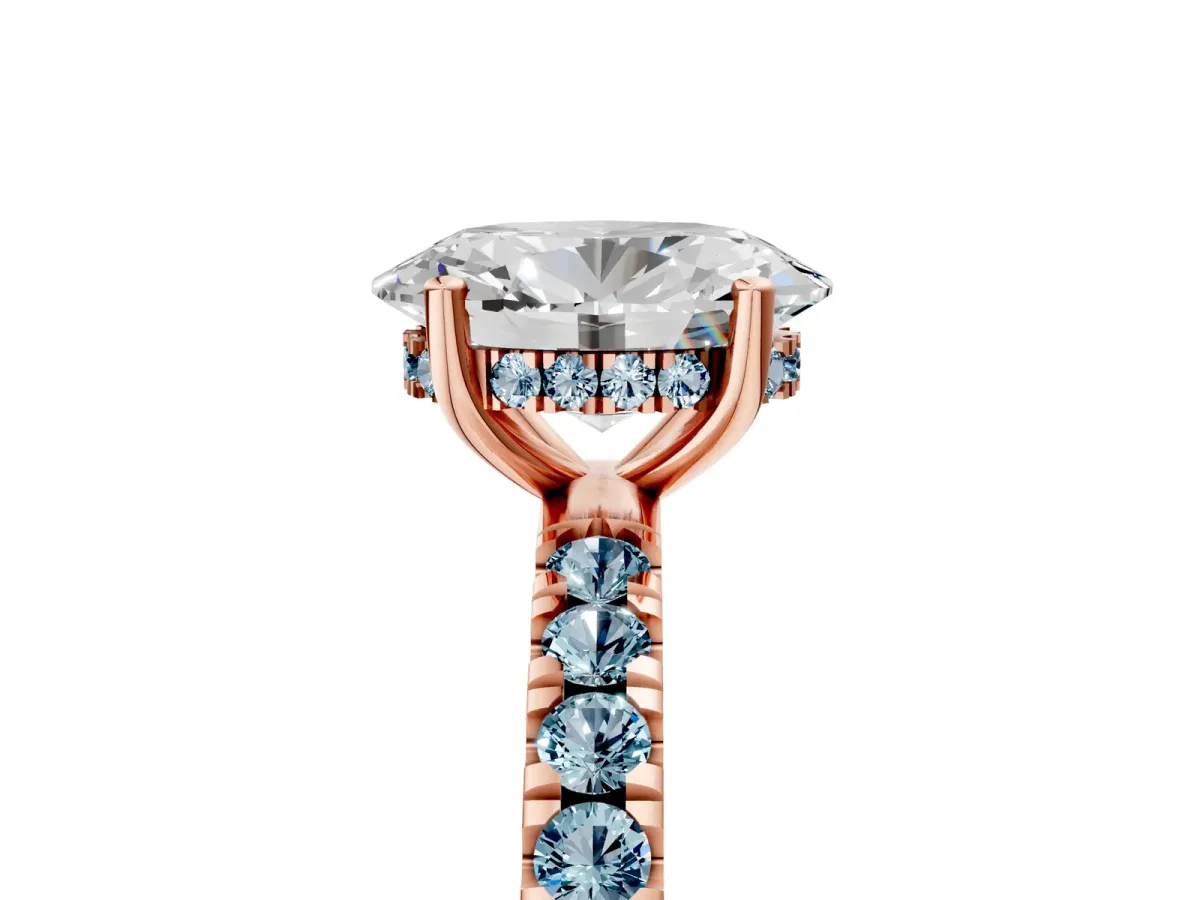 Oval Cut Diamond Pave Band Solitaire Ring with Round Aquamarine and Prong Setting Rose gold