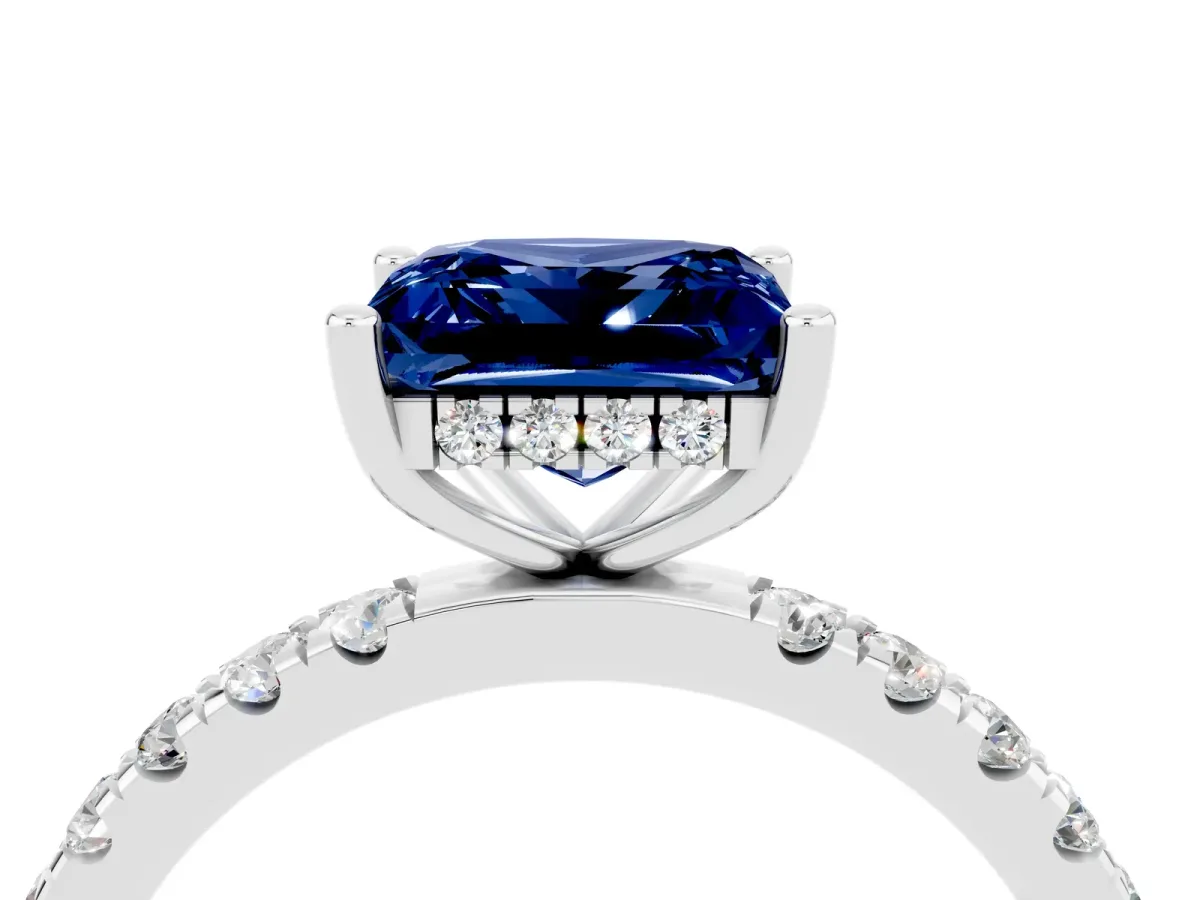 Princess Cut Blue Sapphire Pave Band Solitaire Ring with Round and Prong Setting Platinum