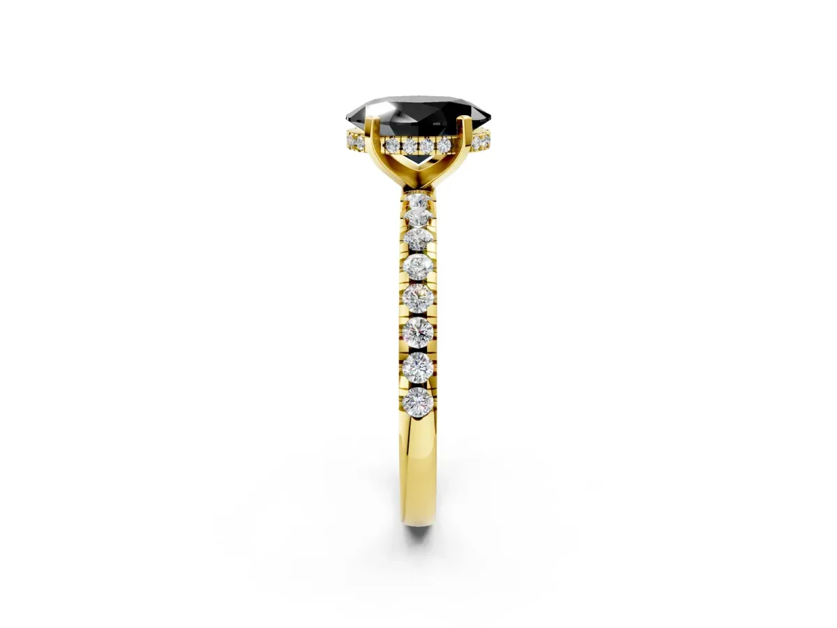 Fancy Black Oval Cut Diamond Solitaire Ring with Round Pavé Band and Four-Prong Setting Yellow gold