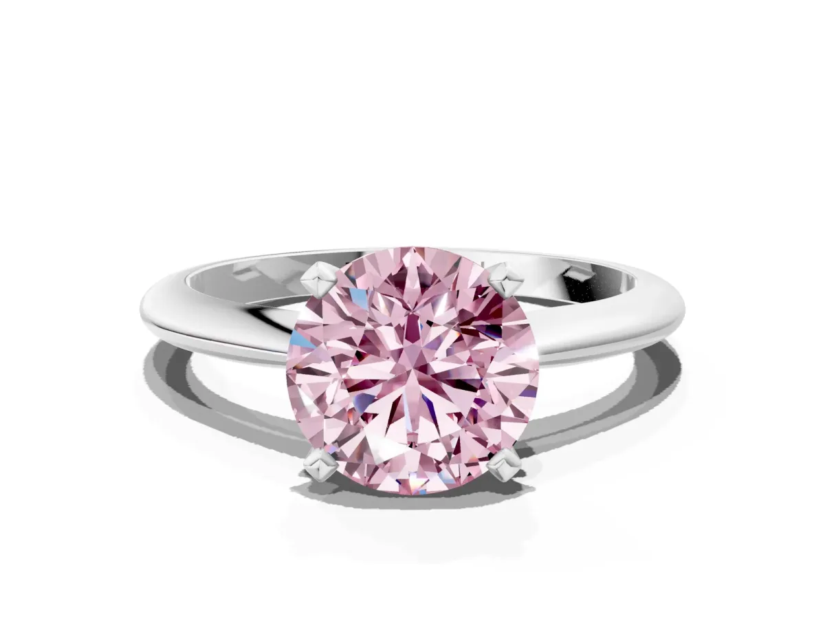 Fancy Pink Round Cut Diamond Solitaire Engagement Ring with Classic Band and Four-Prong Setting Silver