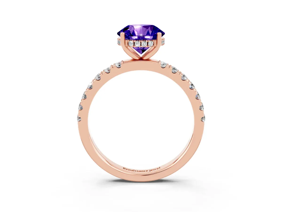 Round Cut Tanzanite Pave Band Solitaire Ring with Round and Prong Setting Rose gold