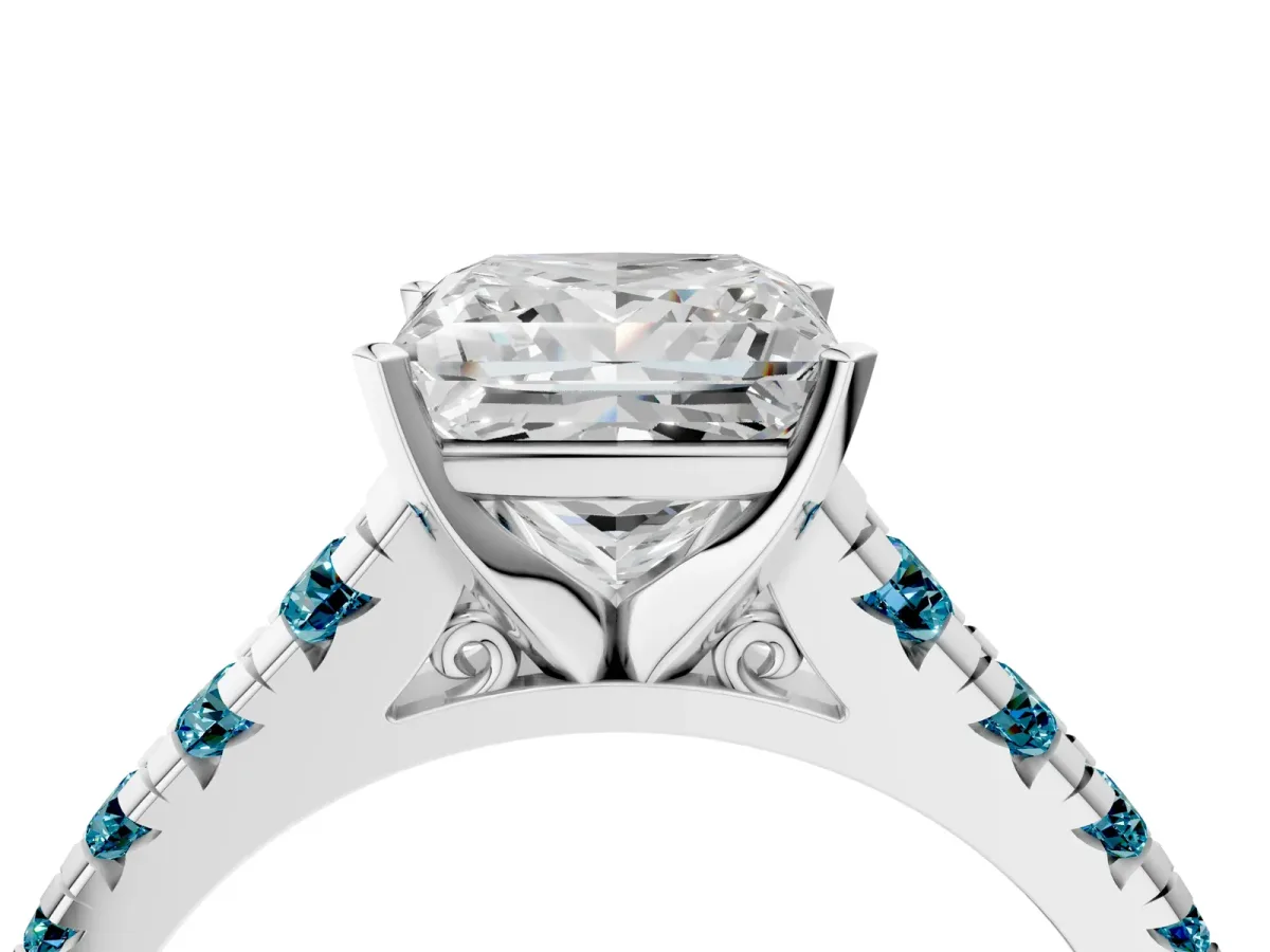 Princess Cut Diamond Cathedral Solitaire Ring with Round Blue Topaz Pavé Band Silver