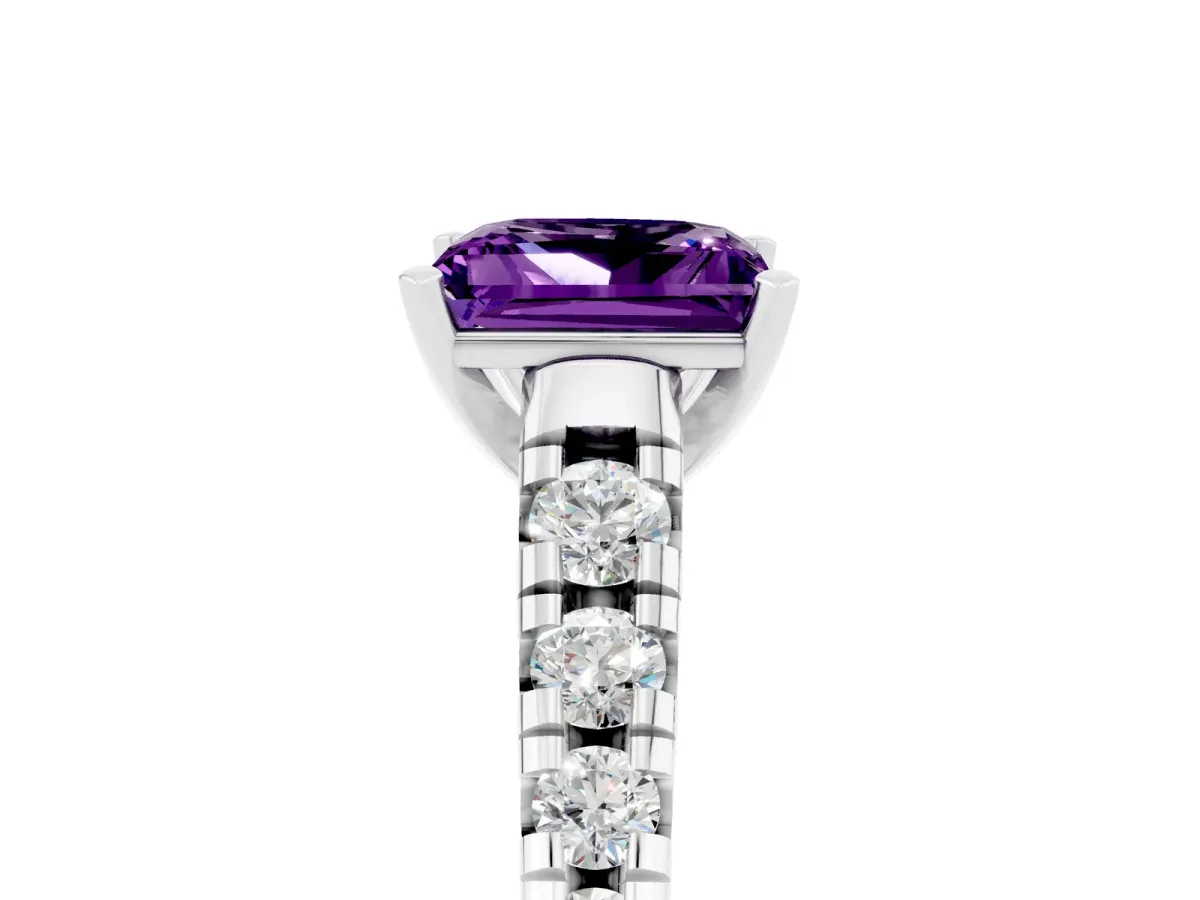 Princess Cut Amethyst Cathedral Solitaire Ring with Round Pavé Band White gold