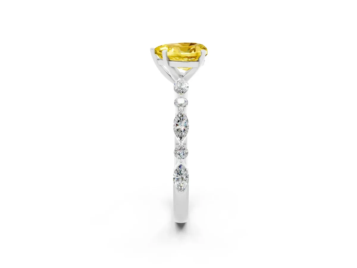 Heart Cut Yellow Sapphire Ring with Marquise and Round Side Stones and Four-Prong Setting Platinum