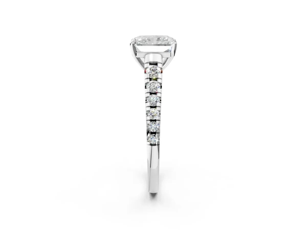 Radiant Cut Diamond Cathedral Solitaire Ring with Round Pavé Band Platinum