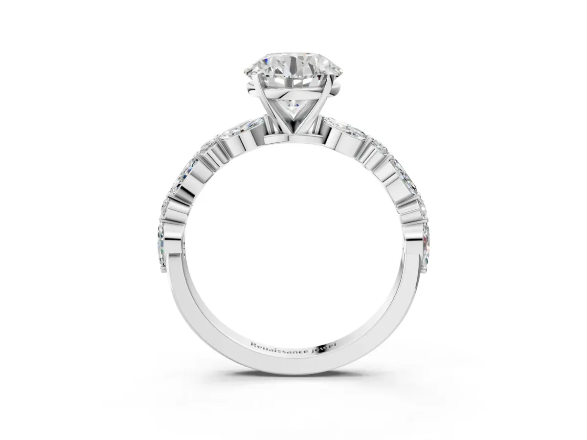 Round Cut Diamond Ring with Marquise and Round Side Stones and Four-Prong Setting White gold