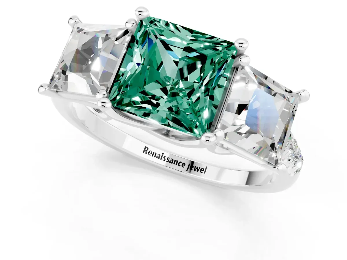 Three-Stone Princess Cut Green Sapphire Ring with Round Pavé Band and Prong Setting Platinum