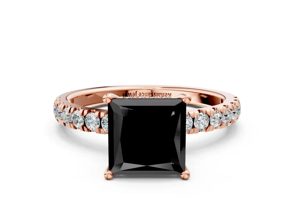 Fancy Black Princess Cut Diamond Pave Band Solitaire Ring with Round and Prong Setting Rose gold