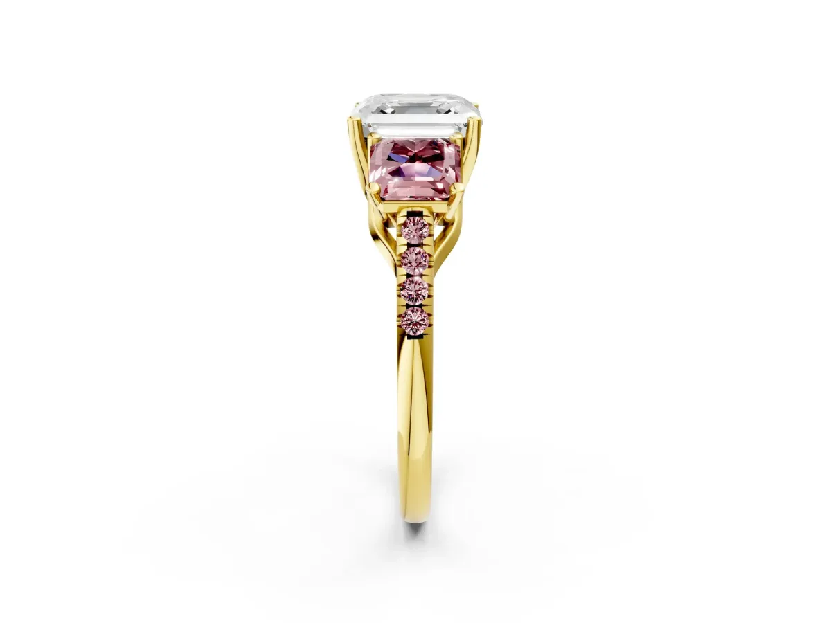 Three-Stone Asscher Cut Diamond Ring with Round Morganite Pavé Band and Prong Setting Yellow gold