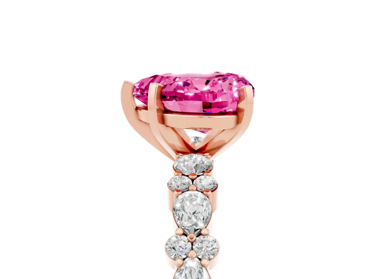 Heart Cut Pink Sapphire Side Stone Solitaire Ring with Round and Four-Prong Setting Rose gold