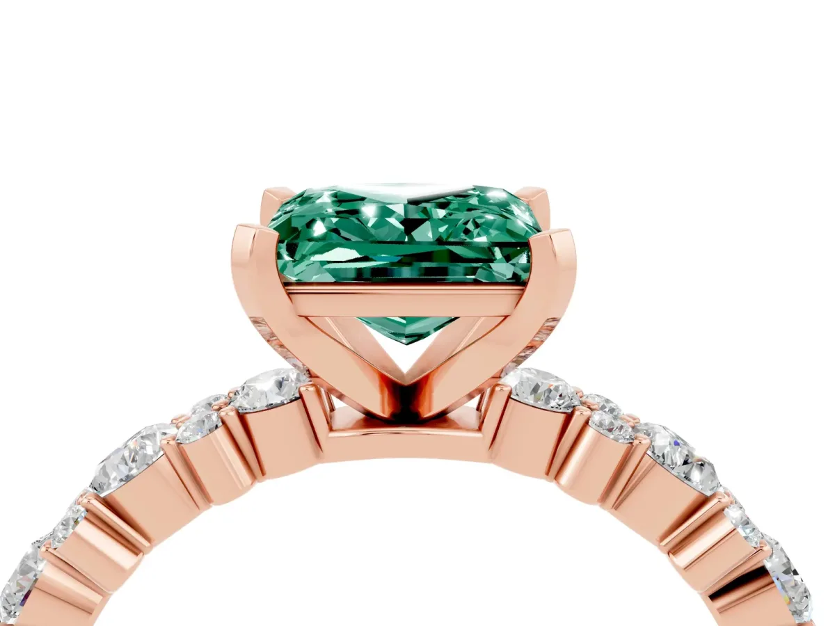 Princess Cut Green Sapphire Side Stone Solitaire Ring with Round and Four-Prong Setting Rose gold