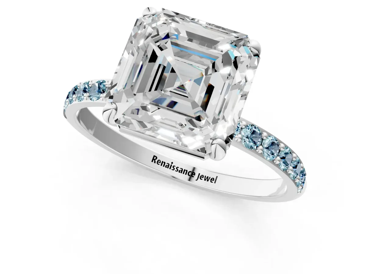 Asscher Cut Diamond Solitaire Ring with Round Aquamarine Pavé Band and Prong Setting Silver