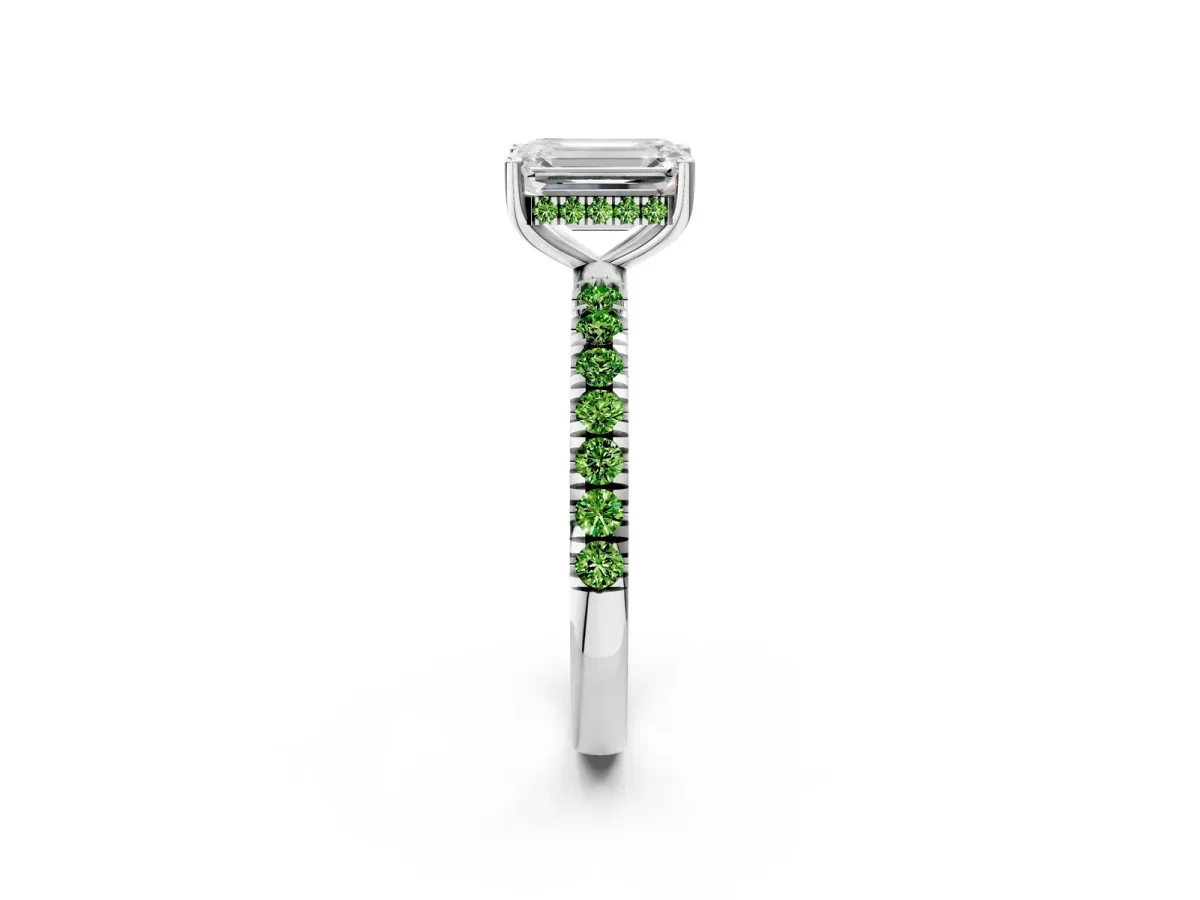 Emerald Cut Diamond Pave Band Solitaire Ring with Round Peridot and Prong Setting Platinum