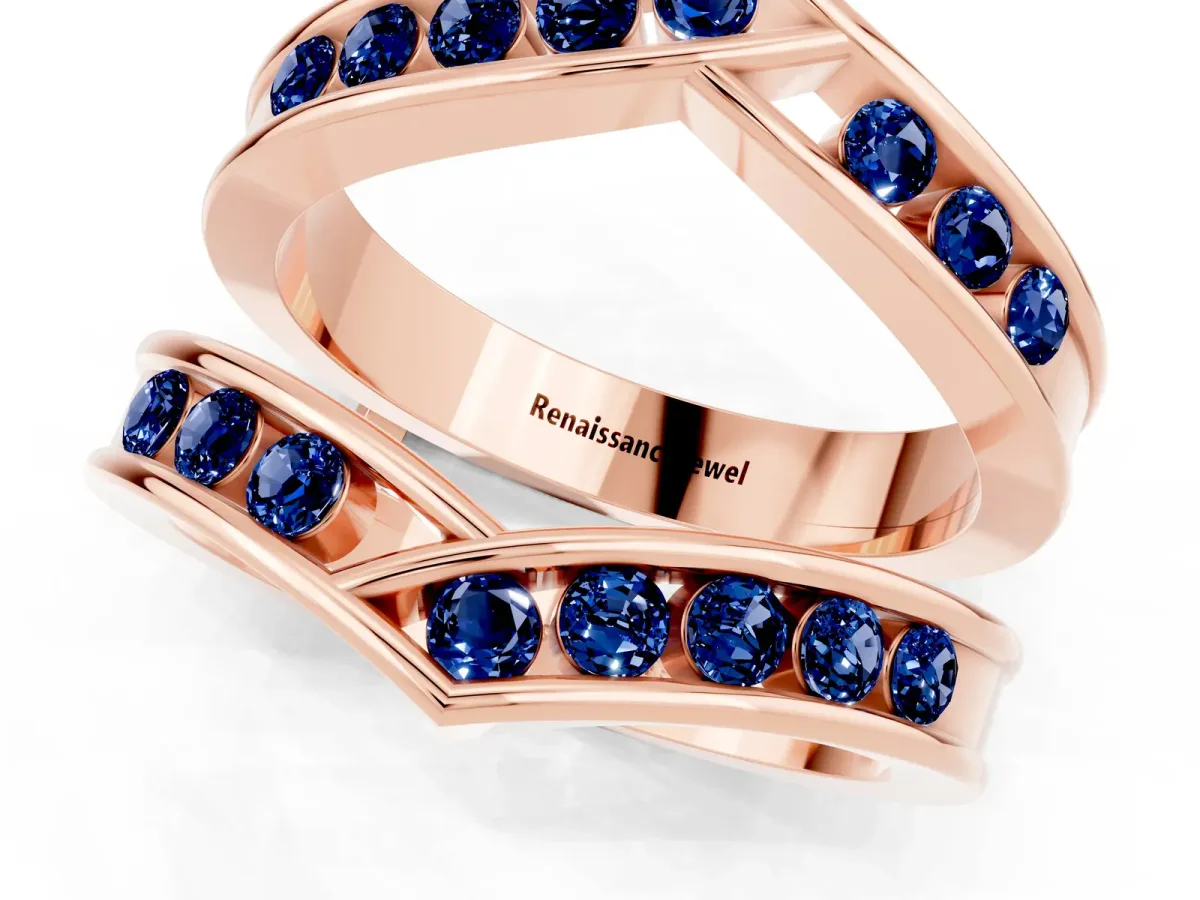 Round Blue Sapphire Channel-Set Chevron Band Rose gold