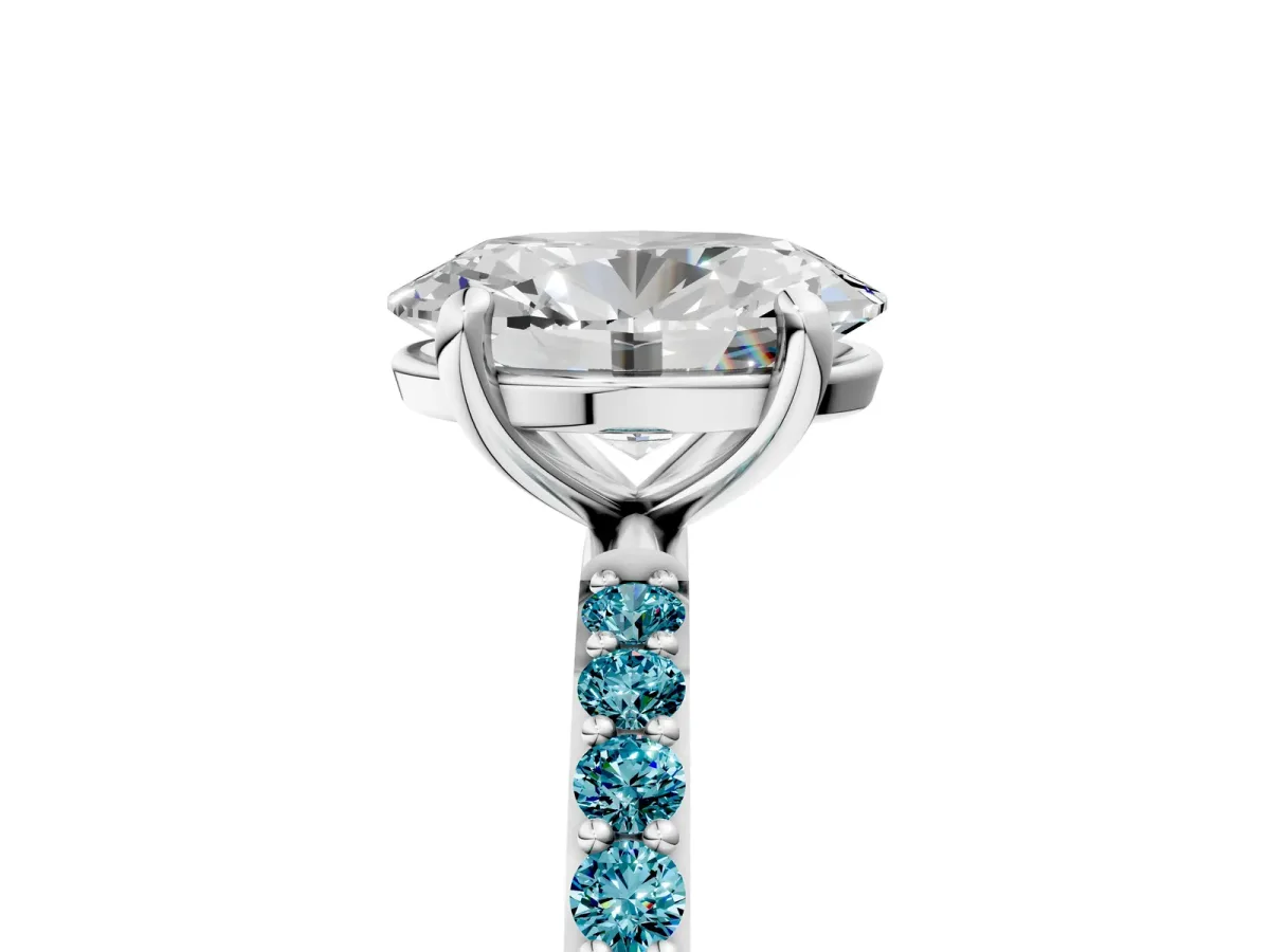 Oval Cut Diamond Solitaire Ring with Round Blue Topaz Pavé Band and Prong Setting Platinum