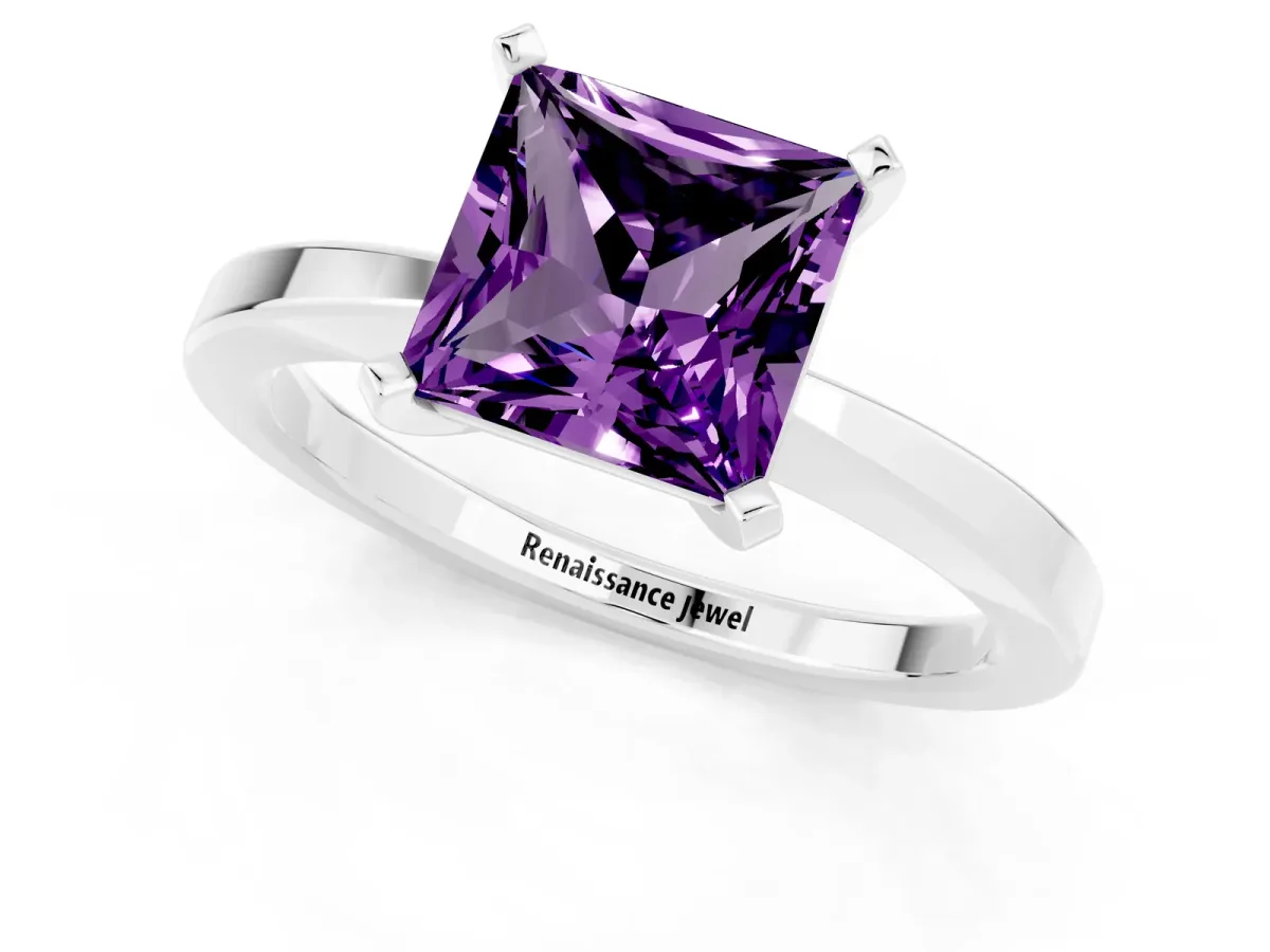 Princess Cut Amethyst Solitaire Engagement Ring with Classic Band and Four-Prong Setting Platinum