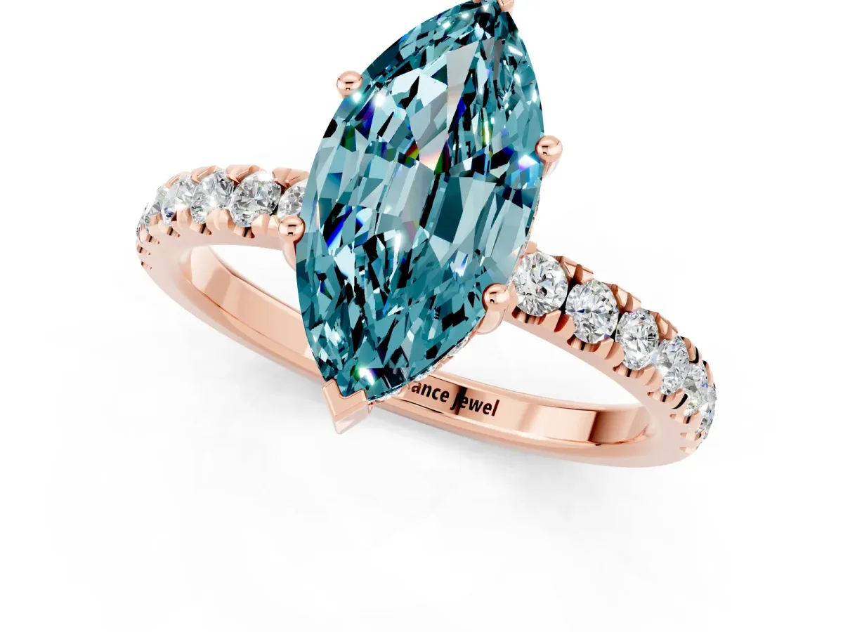 Marquise Cut Blue Topaz Pave Band Solitaire Ring with Round and Prong Setting Rose gold